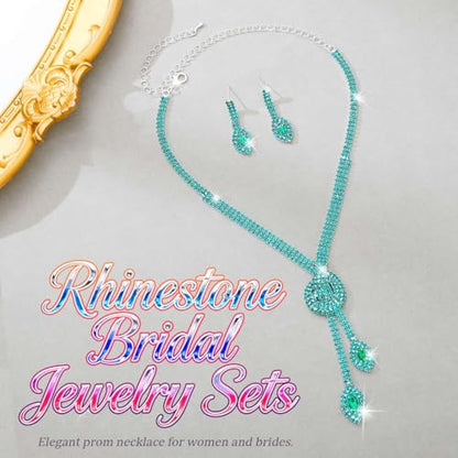 Unicra Silver Rhinestone Bridal Wedding Jewelry Set Crystal Necklace Earrings Sets Formal Prom Costume Jewelry Sets for Women and Brides - color: Green