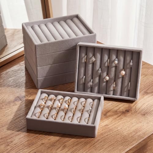 6 Pcs Small Jewelry Tray-ring Organizer Velvet Rings Earring Display Tray Mini Storage Insert Holder 7 Slots for Drawer (Grey) - color: Grey