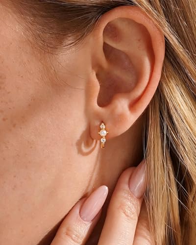 Gold Opal Huggie Earrings for Women, Minimalist Small Hoop Earrings with Zircons - color: gold B