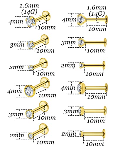 14G Lip Rings Stainless Steel Tragus Helix Conch Piercing Jewelry Snake Bite Piercing Monroe Lip Rings Labret Medusa Cartilage Lobe Earrings Piercing Jewelry Cubic Zirconia 2MM 3MM 4MM - color: 10MM-Gold,2mm/3mm/4mm