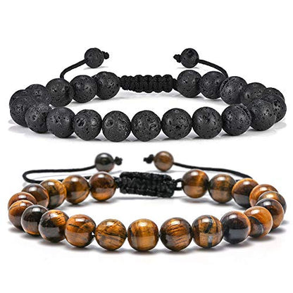 M MOOHAM Mens Bracelet - Beaded Natural Stone 8mm Tiger Eye Matte Agate Lava Rock Bracelets for Men Teen Boys Grandpa Dad Birthday Gifts Jewelry - style: Lava Rock & Yellow Tiger Eye Bracelets