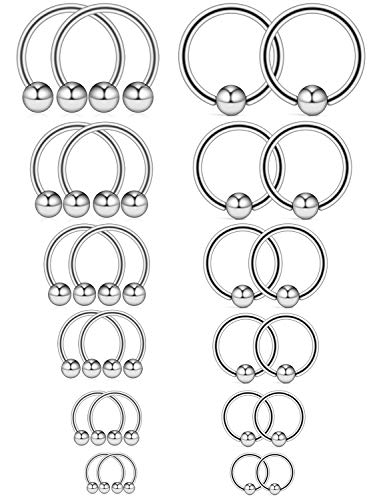 16-24PCS 16G Surgical Steel Horseshoe & Captive Bead Nose Hoop Septum Earring Eyebrow Tongue Lip Nipple Helix Tragus Piercing Jewelry Rings 6-16mm - color: 24PCS - Silver