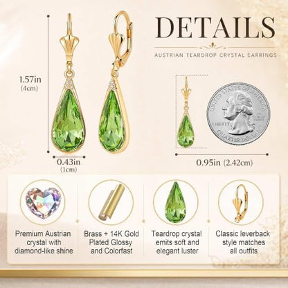 Teardrop Austrian Crystal Leverback Dangle Drop Earrings for Women | 14K Gold Plated,Classic Teardrop Elegance,Leverback for Easy Secure Wear,Gift Box Included, Brighten Up Daily and Party Looks - color: Fern Green