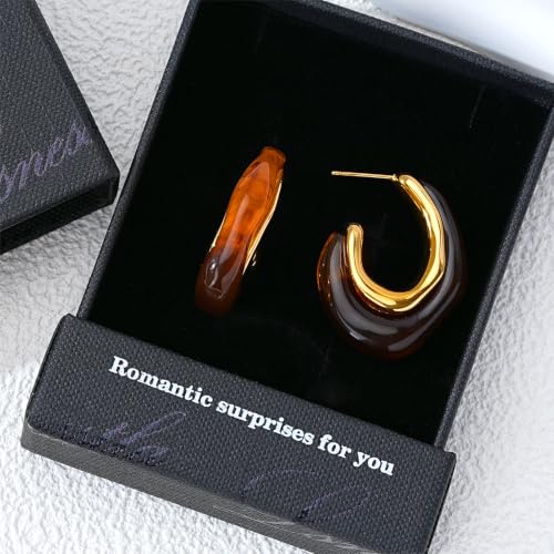 Enamel Hoop Earring for Women 18k Gold Plated Chunky Two-Tone U/C Shaped Earring Enamel Jewelry Gift for Wife Girlfriend - color: Brown 2