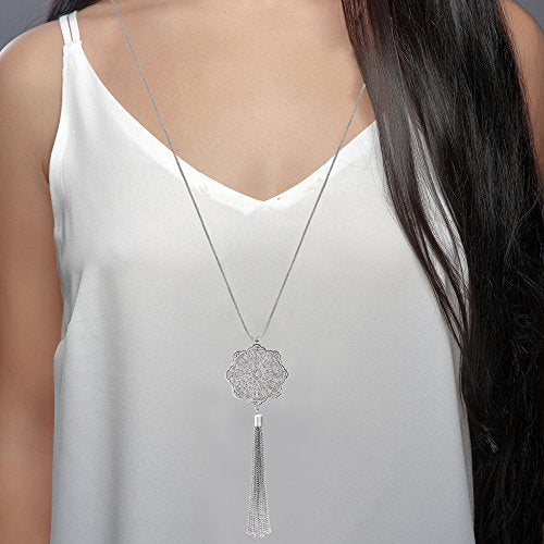 MOLOCH Long Necklaces For Woman Disk Circle Pendant Necklaces Tassel Fringe Necklace Set Statement Pendant - color: floral-shaped-silver
