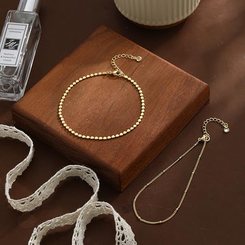 Gold Ankle Bracelets for women,14k Gold/Silver Plated Waterproof Layered lightweight Bow Beaded Twisted Chain Cross Butterfly Satellite Ankle Bracelets Set Gold Anklets for women Trendy Summer Beach Jewelry Gift for Women - style: 2 anklets dot flat oval-