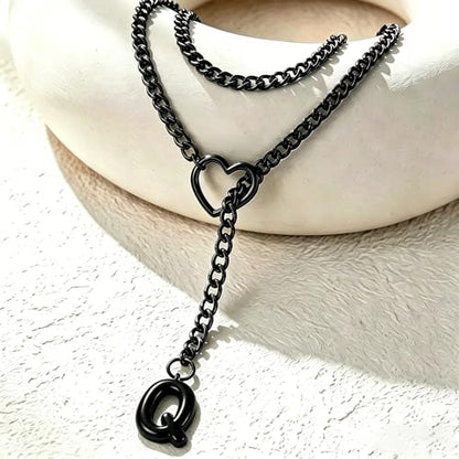 Black Heart Slip Chain Initial Necklaces for Women, Stainless Steel Wrap Choker Necklace, Gothic O-Ring Adjustable Lariat Y Necklaces, Punk Cuban Collar Choker Necklace, Halloween Jewelry Gift - color: Black Q