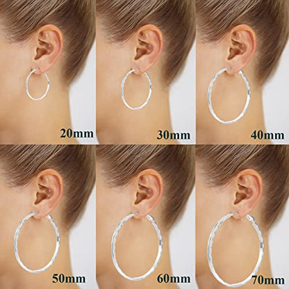 Sterling Silver Hoop Earrings - Diamond-Cut Circle Hoops, Hypoallergenic, 3mm Thin, Oversize 20/30/40/50/60mm - color: Silver,40mm