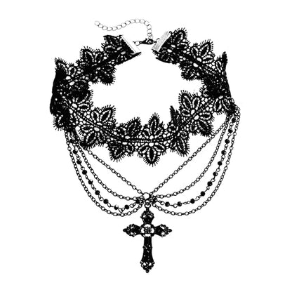 Black Lace Choker Gothic Cross Necklace Zinc Alloy Black Cross Pendant Layered Beads Necklace Halloween Punk Goth Jewelry Gift for Women