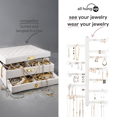 12-Tier Hanging Wall Jewelry Organizer, Earring,Necklace,Ring Holder-White | Large Capacity with 120 Earring Holes, Rotating Branches, genuine 3M Command Strips, Bracelet, Ring & Necklace Storage - color: White 12-Tier