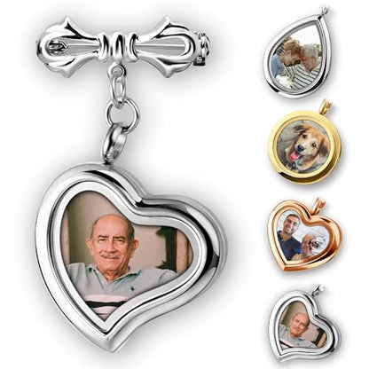 Personalized Photo Wedding Bouquet Charm, Double Sided Round Glass Photo Locket Pendant Pin Brooch, Handmade Memorial Picture Frame Bridal Shower Gift For Bride & Groom - color: Tilted Heart - Silver
