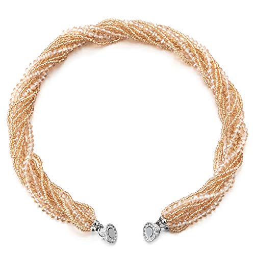 COOLSTEELANDBEYOND Multi-Layer Beads Crystal Braided Chain Choker Collar Magnetic Clasp,Statement Necklace, Bracelet - color: K1-Necklace Champagne Color