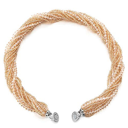 COOLSTEELANDBEYOND Multi-Layer Beads Crystal Braided Chain Choker Collar Magnetic Clasp,Statement Necklace, Bracelet - color: K1-Necklace Champagne Color