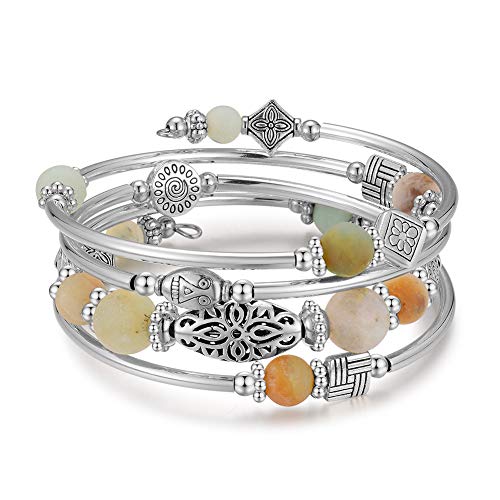 BULINLIN Layered Wrap Bangle Turquoise Bracelet - Bead Bracelet with Natural Agate Stone, Gifts For Women - color: 03-Green