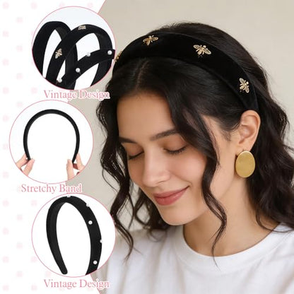 3pcs Non Slip Padded Black Headbands 3 Styles - Black Velvet Headbands For Women - Fashion Stylish Headband For Women With Pearl & Bee Design