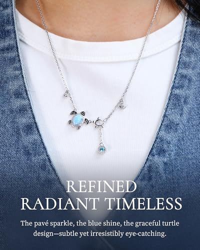 925-Sterling-Silver Sea Turtle Necklace for Women - Opal Turtle Pendant with Shell Bithday Mother's Day Christmas Ocean Theme Jewelry gift for Mom and Daughter