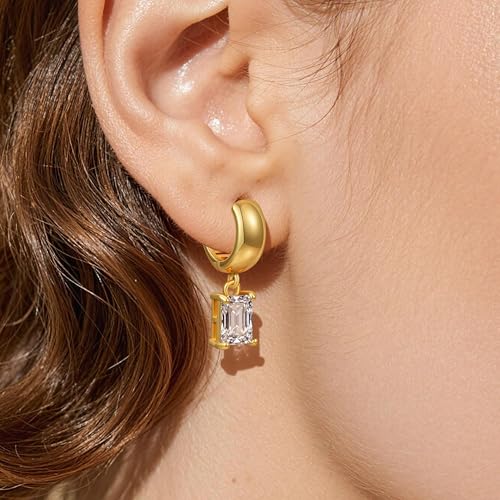 Gold Huggie Dangle Earrings for Women Chunky Hoop Huggies Cubic Zirconia Drop Earring Diamond Crystal Charm Statement Teardrop Earrings Jewelry Gifts - color: Gold-Rectangle