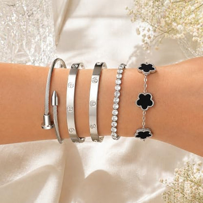 18K Gold Plated Love Bangle Bracelet Stack for Women, Adjustable Clover Bracelet & CZ Tennis Chain Set, Stackable Layered Jewelry, Fade Resistant, Long-Lasting Luster for Daily Wear & Gift - color: 5Pcs Silver Black