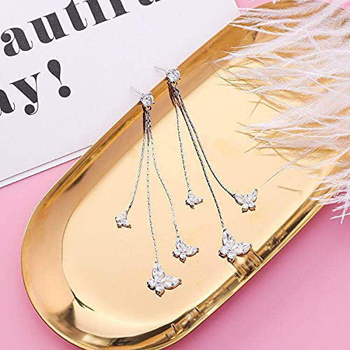 Temperament Crystal Butterfly Drop Dangle Earrings for Women Long Tassel Butterfly Stud Earrings - color: Silver