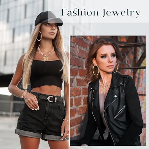 3 Pcs Butterfly Cuban Jewelry Set Cuban Link Chain Necklace for Women Rhinestone Pendant Necklace Bracelet Large Hoop - color: Pink, Gold, style: Classic