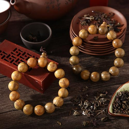 Landical 2 Pcs Tibetan Buddhist Green Sandalwood Beads Bracelets 15mm Scented Sandalwood Link Wrist Adjustable Wooden Crafts Prayer Beads for Men Women Meditation Protection