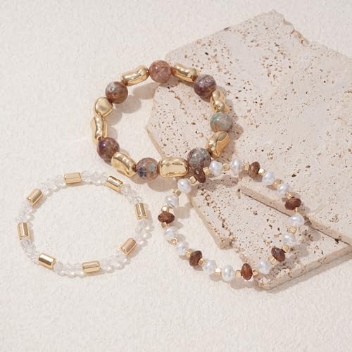 Boho Beaded Stretch Bracelets For Women Stackable Crystal Gold Plated Beaded Bracelets Set Trendy Handmade Friendship Braeclet Jewelry Gifts - color: L-Cracked stone 3pcs