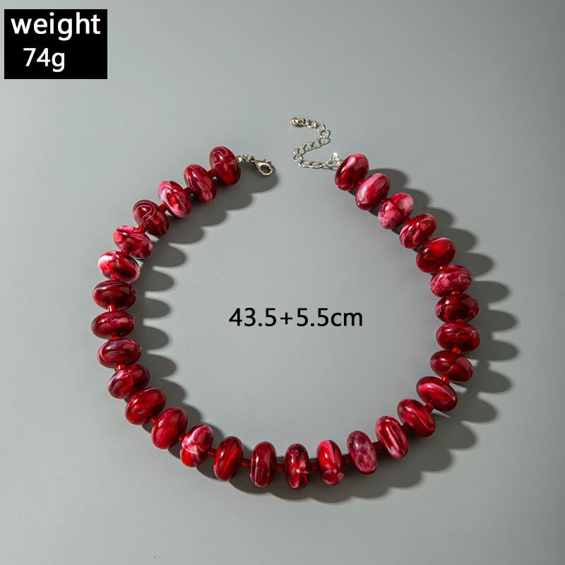 Beaded Necklace for Women Statement Chunky Necklace Boho Bead Choker Acrylic Big Bead Necklaces Summer Beach Jewelry for Women - color: Red