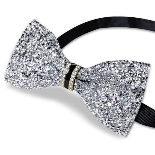 DiBanGu Mens Rhinestone Bow Tie with Ring and Lapel Pin Set | Adjustable Strap,Pre-tied Style,3PCS,Sequin Diamond Bowties，Solid/Mix Color,Shiny Accessory,for Party Prom Banquet Wedding - color: Silver