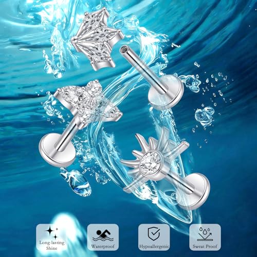 limerencia Titanium Internally Threaded Flat Back Earrings, 3 Pcs Implant Grade Hypoallergenic Studs, 18G Tragus Helix Conch Cartilage Piercing Jewelry for Sensitive Ears Women Men, Gold/Silver - color: Silver-Vibe D