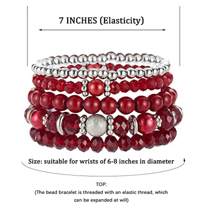 Noessla Beaded Pearl Stretch Bracelet Silver Stackable Crystal Beads Bracelets Trendy Costume Jewelry Mothers Day Gifts for Women - color: Red