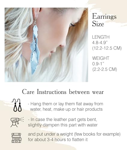 Leather Feather Earrings, Suede layered earrings, boho wedding jewelry, summer earrings, gift for her, dangle earrings - color: light blue