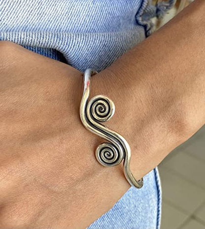 Sterling Silver Boho Cuff Bracelet with Spirals and Symbolic Engravings, Adjustable Handmade Engraved Ethnic Tribal Rounded, for Women (M-L) or Men (S-M)