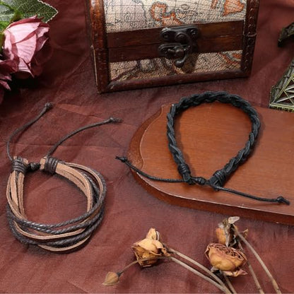 2 Styles Braided Genuine Leather Bracelets Brown Cowhide Layered Cuff Wrap Adjustable Rustic Leather Wrist Band Multilayer Rope Bracelet Wristband for Men Women Daily Wear Costume Party Gift - style: 2 styles 1