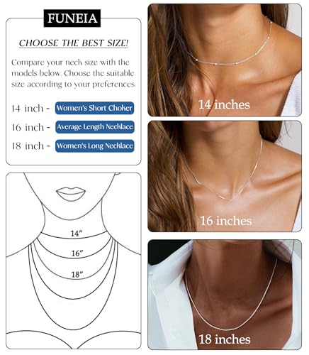 FUNEIA 925 Sterling Silver Necklace for Women Trendy Dainty Real Silver Chain Necklace Simple Thin Box Chain Beaded Chain Snake Chain Herringbone Necklaces Jewelry 14/16/18 Inch - color: 1.3mm Cable Chain