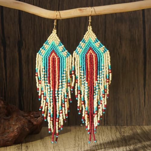 Bohemian Tassel Colorful Beaded Earrings For Women Trendy, Long Fringe Feather Drop Jewelry Handmade Gifts. - color: color2