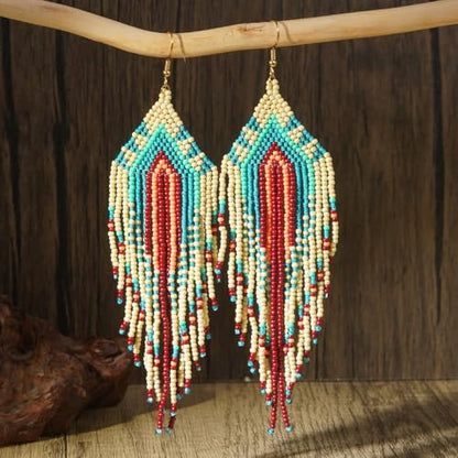 Bohemian Tassel Colorful Beaded Earrings For Women Trendy, Long Fringe Feather Drop Jewelry Handmade Gifts. - color: color2