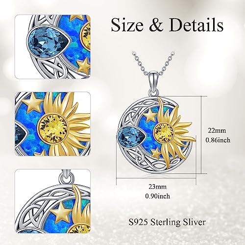AOBOCO 925 Sterling Silver Moon Sun Star Necklace Celtic Jewelry for Women Girls - color: Silver&Gold&Blue Opal