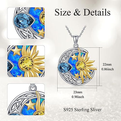 AOBOCO 925 Sterling Silver Moon Sun Star Necklace Celtic Jewelry for Women Girls - color: Silver&Gold&Blue Opal