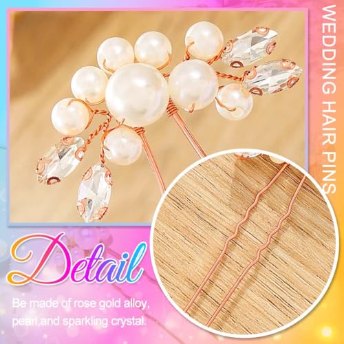 Heread Pearl Bride Wedding Hair Pins Crystal Bridal Headpiece Hair Accessories for Women and Girls (Pack of 3) - color: Rose Gold