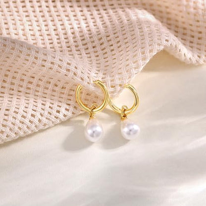 Robaice Pearl Earrings for Women, 14K Gold Plated Dangle Drop Earrings | Small Pearl Drop Huggie Hoop Earrings, Hypoallergenic Dainty Gold Earrings, Wedding Jewelry Gifts for Women Trendy - style: small drop pearl earrings