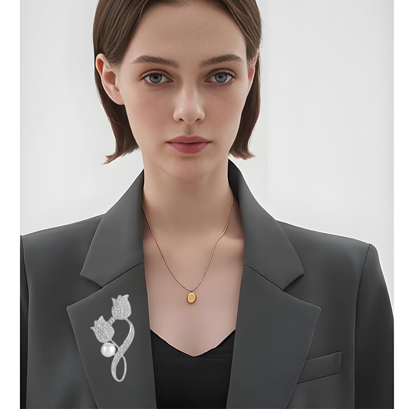 coadipress Tulip Floral Brooch Pin for Women Dainty Gold Plated Rhinestone Pearl Tulip Flower Green Leaf Broochs Pins Trendy Wedding Party Jewelry Accessories - style: Silver