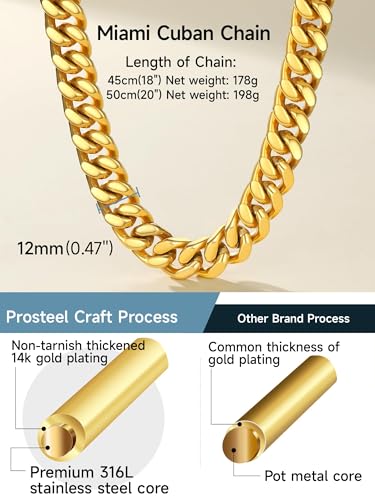PROSTEEL Chunky Cuban Link Curb Chain Necklace for Women Men, Stainless Steel Choker Thick Trendy Statement Hip Hop Miami Cuban Chain Jewelry Gifts Unisex Size,5/12/14mm Widths,18"/20" - color: 12mm-Gold, size: 20inches