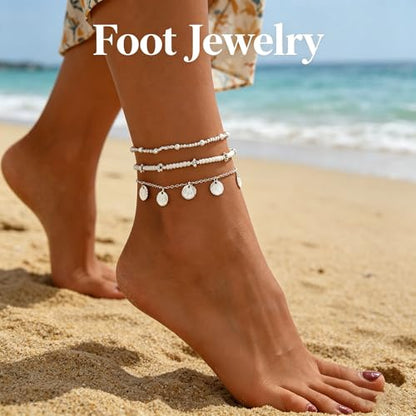 Gold Anklets Bracelets for Women Waterproof Layered Beaded Anklet Bracelets Set Boho Pearl Starfish Shell Anklet Bracelet Stacked Turquoise Anklets Bracelet Summer Beach Foot Jewelry Gift for Women - style: Silver Beaded