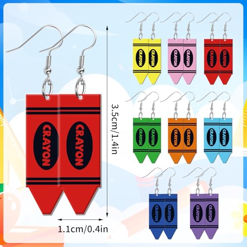 8 Pairs Crayon Earrings for Women Back to School Dangle Earring | Lightweight Hypoallergenic Acrylic, Back to School for Teachers, Teacher Appreciation Gifts, Crayon Dangle Jewelry for Women - style: Crayon