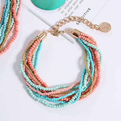 Coiris Multi Strand Statement Colorful Beaded Necklace with Big Circle Shell Pendant for Women - color: ST0012