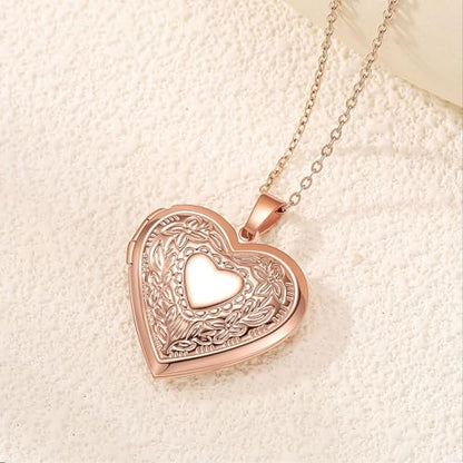 PHOCKSIN Personalized Locket Necklace for Women Photo Necklace with Customized Picture Birth Flower Birthstone Customizable Birthday Gifts - color: #08-Heart Rose Gold Flower