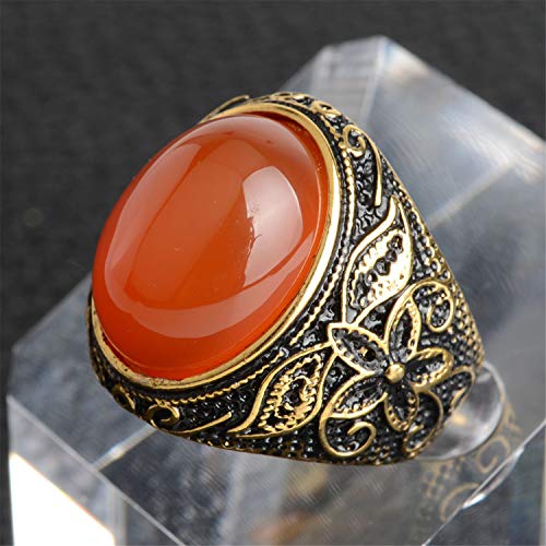 Retro Unisex Stainless Steel Oval Gemstone Hollow Flower Carved Signet Ring - color: Gold Black-Red