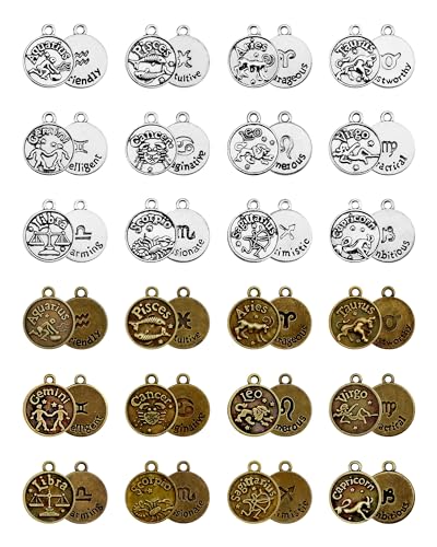 DIY Zodiac Charm Set, 48 Count 4 Sets Antique Tibetan Silver and Bronze Round Zodiac Sign Charms Constellation Pendants for Necklace Bracelet Jewelry Making and Crafting