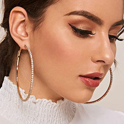 925 Sterling Silver Earrings Large Rhinestone Hoop Earrings Big Cubic Zirconia Hoop Earrings Thin Rhinestones Round Hoop Earrings for Women 20/30/40/50/60/70mm Sparkly Hoops With Crystals for Womens - color: Gold,40/50/60