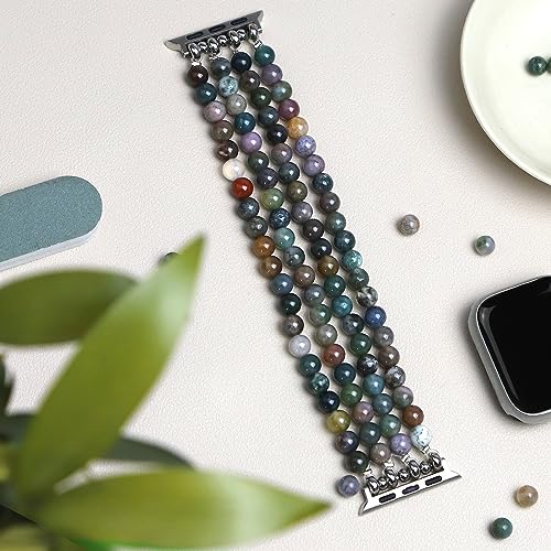 Newlibery Natural Stone Bracelet Beaded-Band Women Compatible with Apple Watch 42mm(S3/2/1) 44/45/46/49mm Feminine Handmade Stretch Strap for iWatch Series 11/10/9/8/7/6/5/4/3/2/1 SE 3/2/1 Ultra1/2/3 - color: A1 Indian Agate, size: 46(s10/11)/49/45/44/42m